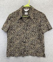 Maggy London Women's Blouse Vintage Animal Print Button Front Silk Short Sleeve