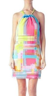 TRINA TURK SILK HALTER MULTI COLORED PINK BLUE SHIFT SUN DRESS 6