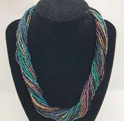 Vintage Multistrand Seed Bead Necklace Peacock Blue Purple Teal