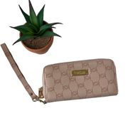 BEBE Pink Clutch Wallet with Wrist Strap Faux Leather Logo Embossed Zip Closure