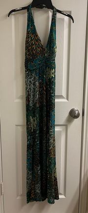 green paisley floral halter maxi dress