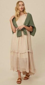 Champagne Textured Woven Halter Neck Ruffle Maxi Dress