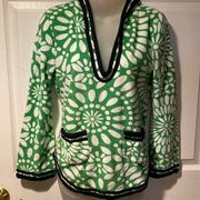 Tory Burch Terry Hoodie Wanda Tunic Green Lace Pattern Navy S 100% cotton