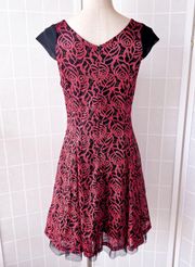 Black & Red Rose Floral Lace Knee Length Dress