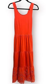 J. Crew 100% Cotton Orange Red Tiered Crossbody Embroidered Eyelet Maxi Dress S