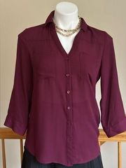 Burgundy Sheer Split Neck Rolled Up Button Tab Sleeves Sz S With Pockets.