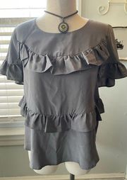 Anthropologie HD in Paris Silk Gray Ruffle Blouse S