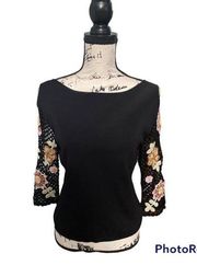 Joseph A. Sweet Top Floral 3/4 Crocheted Sleeves Soft Viscous Black Blouse L