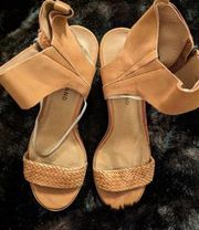 Lucky Brand | Pomee tan  Leather Braided Round Wood Heel Open Toe Sandal 7.5