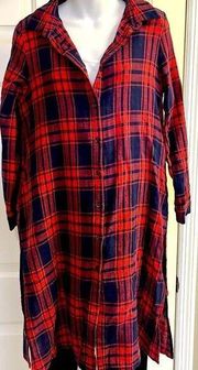 Monoreno Long Red and Navy Blue Plaid Oversized Flannel Dress Shirt- Medium