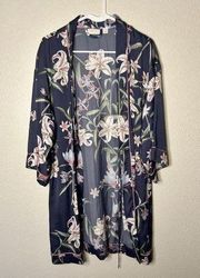 Nordstrom Lingerie Women M Blue Robe Kimono Duster Floral Spring Satin Pink Lily