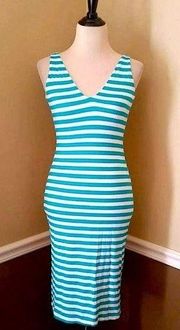 NEW Modcloth Coco Love Teal & White Striped Stretch Knit Sleeveless Midi Dress S