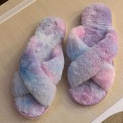 Wanna B pastel tie dye fuzzy crossover slippers w rubber soles size 10. NWOT