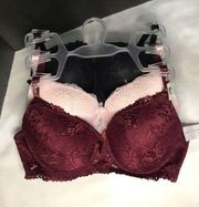 Adrienne Vittadini Front Crochet Detail Full Cup Underwired Bra 3 pack 36B NEW