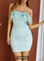 Here Comes the Sun mint green lace ruched lace up back mini dress