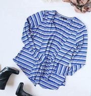 Cable & Gauge Gray & Blue Striped V-Neck Drapey L/S Top Women's Size Medium