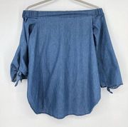 143 Story Chambray Off The Shoulder Top Side Slits 3/4 Tie Sleeves Blue Size S