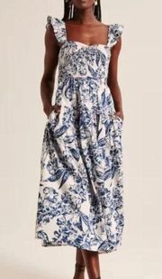 NWT Abercrombie and Fitch Blue White Floral Ruffle Strap Smocked Midi Dress S