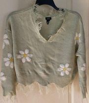 Women’s Rue 21 Medium Mint Crop Sweater Fray Edges Daisies Long Sleeve Flowy