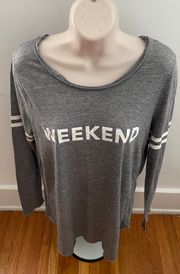 “Weekend” Gray Loungewear Cotton Rayon Blend Sweatshirt, size L