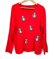 Verve Ami Womens XL Sequin Penguins Sweater Renaissance Red Fine Knit Winter