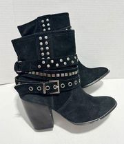 Libby Edelman Crishka Chunky Heeled Buckle Suede Leather Ankle Boots Black 9