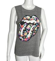 Bravado Rolling Stones Muscle Tee Gray Multicolored Floral Lips Tongue Logo