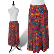 Vintage 80s Carole Little Floral Maxi Midi Skirt Rayon Pockets Pull On Size 8