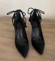 black suede ankle tie pointed toe heels