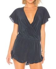 NWT Chaser Silk Surplice Ruffle Romper in Vintage Black Shorts Size Medium NEW