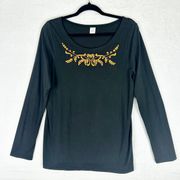 Pima Cotton Embroidered Long Sleeve Tee Size XL Black