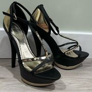 Shi by Journeys Black Gold Dion Women's T-Strap Platform High Heels Shoes Size 8