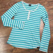 Oakley Women Teal Gray Striped Long Sleeve T-Shirt XS Tee Buttons Pocket