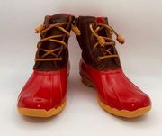 NWOB Sperry Top-Sider Red Brown Leather Rubber Saltwater Duck Rain Boots Size 6