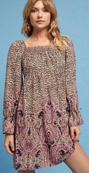 NWT $138 Anthro Maeve “Milou” boho paisley long sleeve smocked mini dress