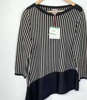 Anne Klein Black White Striped Asymmetrical Ribbed Pullover Women’s Size Large