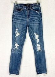 Bleach Distressed Skinny Fit Jeans Size 1/25 Raw Hem Mid Rise Cropped