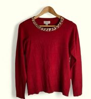 Carmen Marc Valvo NEW jewel and pearl embellished red pullover medium