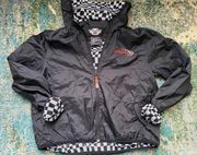 Y2K 2005 Harley Davidson race check lined black logo hooded windbreaker, size XL