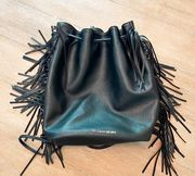 Victoria’s Secret Black Faux Leather Drawstring Fringe Backpack