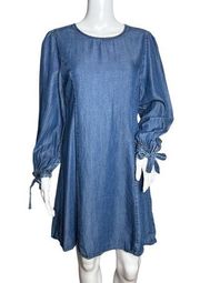 Velvet Heart Denim Dress Blue Medium Wash Long Sleeve Tie Cuffs Round Neck