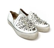 White Leather Decor Embellished Pearl Platform Sneakers