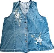 Denim Embroidered Wildflower Romantic Whimsical Floral Sleeveless Button Up Top