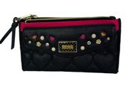 Betsey Johnson Black & Pink Heart Rhinestones Double Zip Quilted Wallet