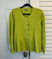 Flax Lime Green Long Sleeve Button Down Top Pleated, Linen