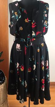 Black Floral Fit and Flare Midi Dress