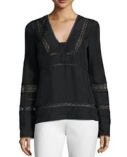 Derek Lam 10 Crosby Black 100% Silk Lace Trim Accent Low Cut V Neck Blouse 12