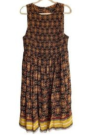 | Challis Black & Gold Patterned Smocked Boho Midi Dress | Size 1X