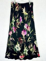 Vintage Silk Floral Maxi Skirt Size 16 Black 90s Y2K