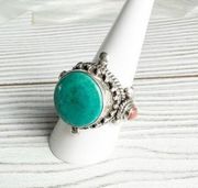 Vintage Turquoise & Coral Large Silver .925 Handcrafted Size 9 Adjustable